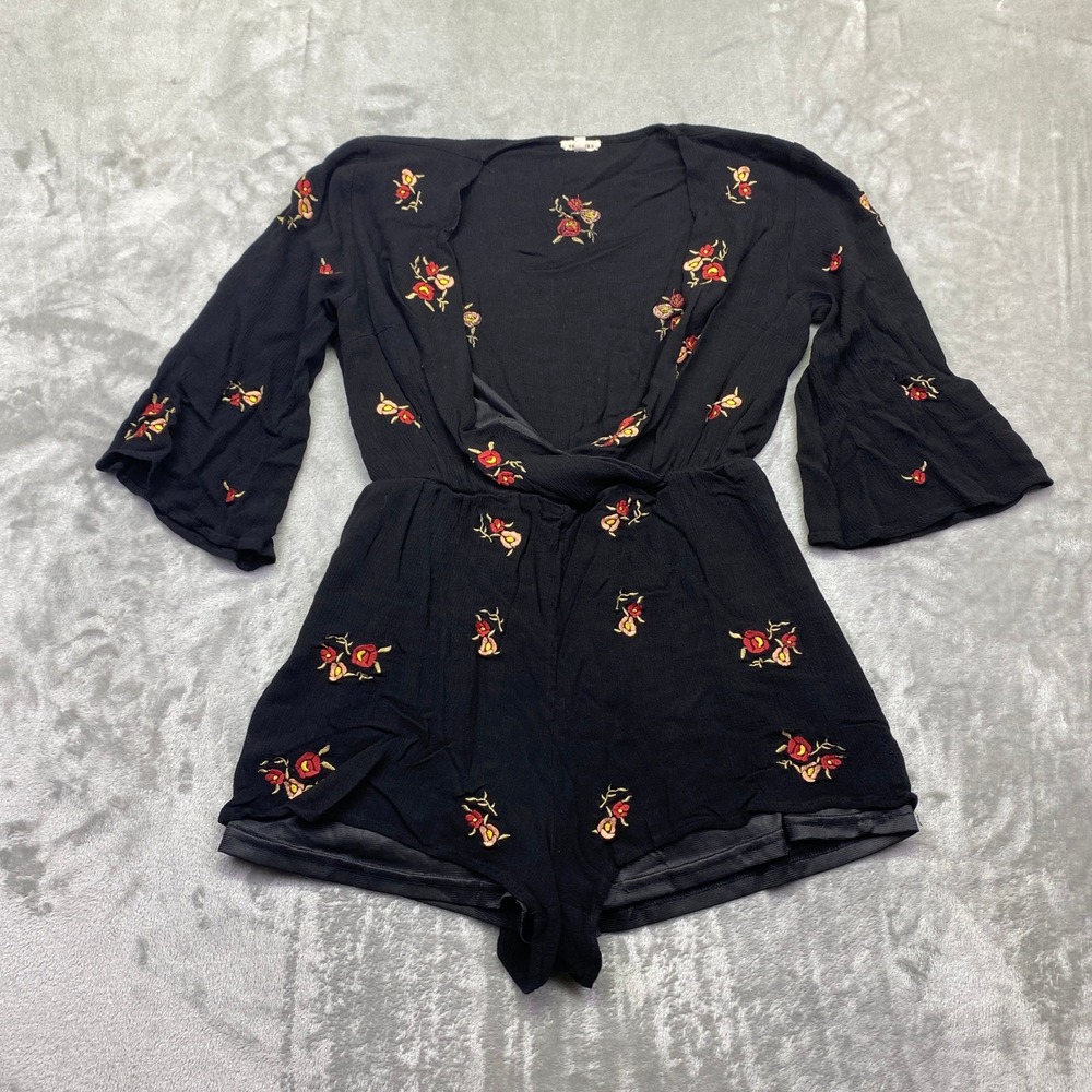 En Creme Black Floral Embroidered Bell Sleeve Romper‎ Surplice V-Neck Size M